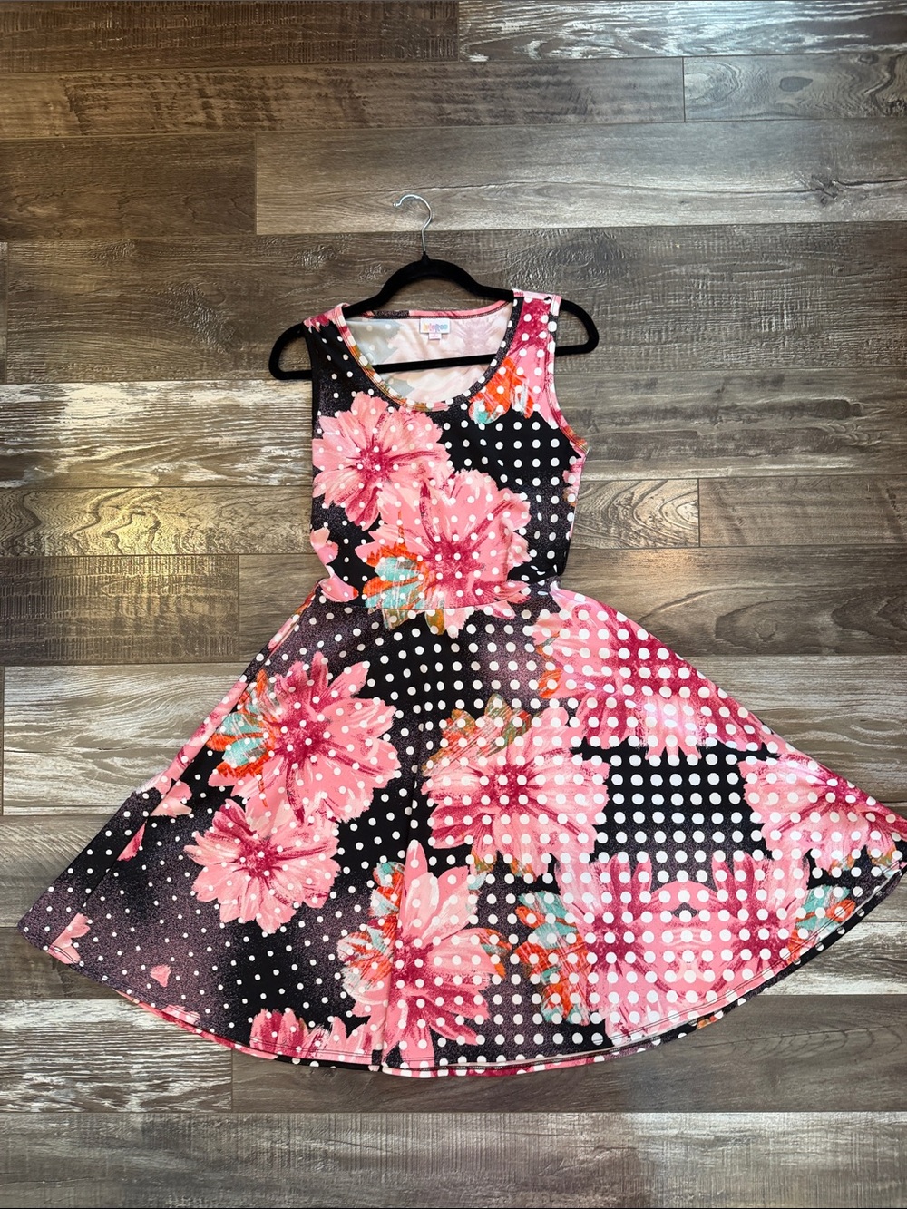LuLaRoe Black Dress with Pink Floral & White Polka Dots it has pockets!!!